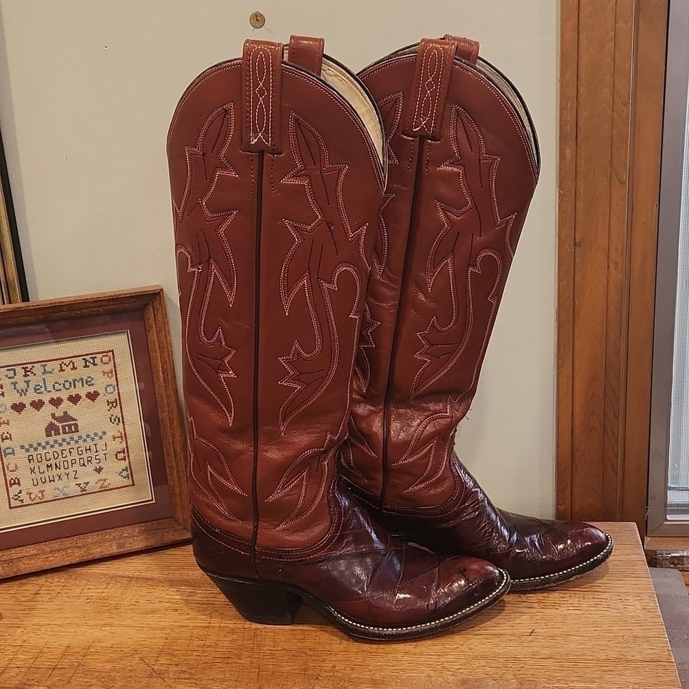 DAN Post Exotic Eel and Cowhide Cognac Boots Style 4219 Wm 5C Almond toe Vtg - Picture 15 of 16